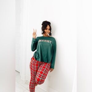 Green 'Merry' Top and Red Plaid Pants Set